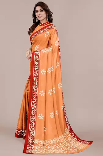 orange batik printed chiffon saree with unstitched blouse piece