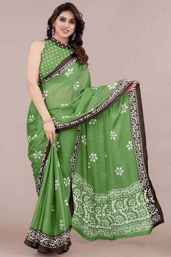 green batik printed chiffon saree with unstitched blouse piece