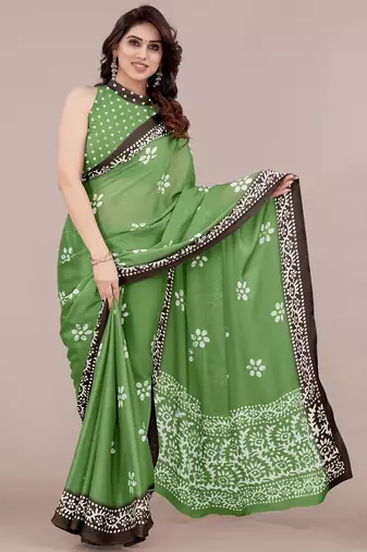 green batik printed chiffon saree with unstitched blouse piece