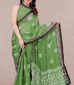 green batik printed chiffon saree with unstitched blouse piece