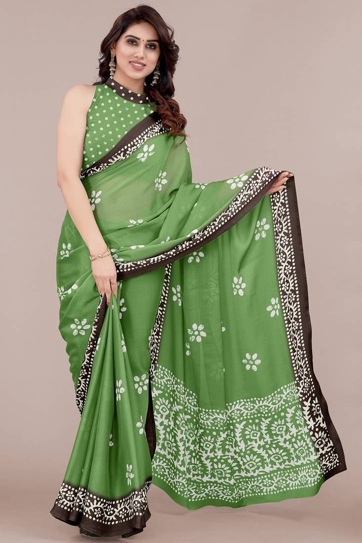 green batik printed chiffon saree with unstitched blouse piece