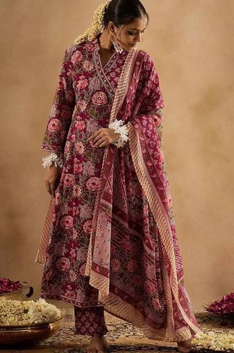 Women Floral Printed Angrakha Cotton Kurta with Trousers & With Dupatta