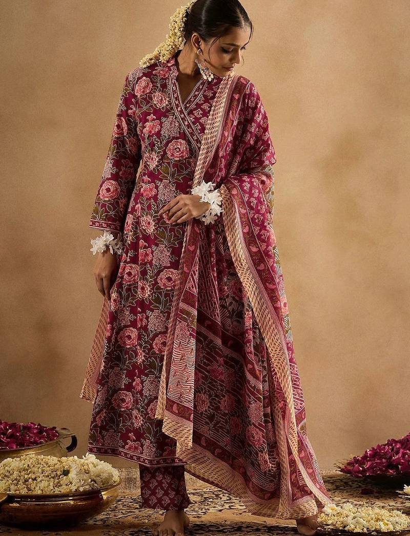 Women Floral Printed Angrakha Cotton Kurta with Trousers & With Dupatta