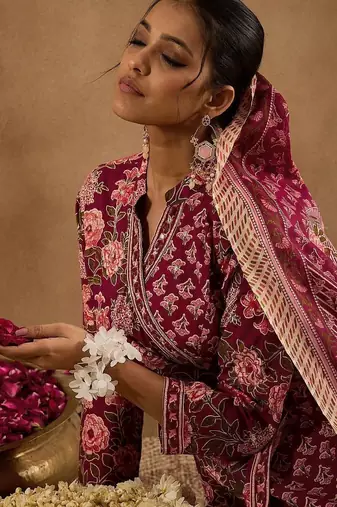 Women Floral Printed Angrakha Cotton Kurta with Trousers & With Dupatta
