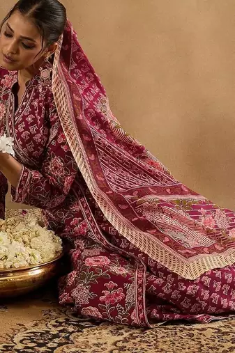 Women Floral Printed Angrakha Cotton Kurta with Trousers & With Dupatta