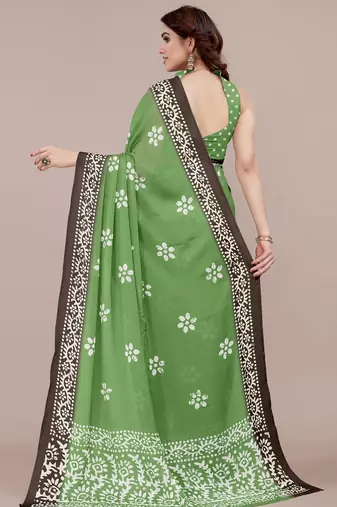 green batik printed chiffon saree with unstitched blouse piece