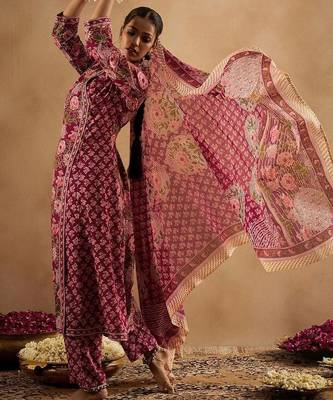 Women Floral Printed Angrakha Cotton Kurta with Trousers & With Dupatta 6