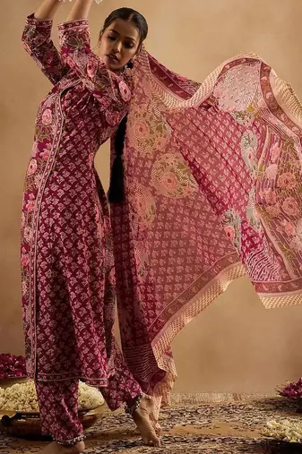 Women Floral Printed Angrakha Cotton Kurta with Trousers & With Dupatta