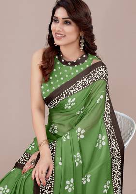 green batik printed chiffon saree with unstitched blouse piece 4