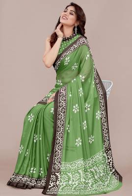 green batik printed chiffon saree with unstitched blouse piece 5
