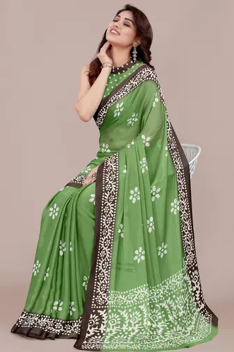 green batik printed chiffon saree with unstitched blouse piece
