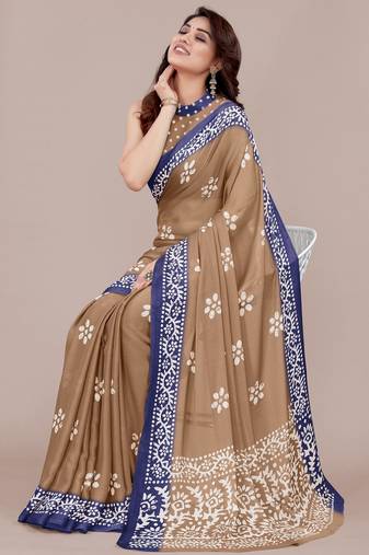 brown batik printed chiffon saree with unstitched blouse piece