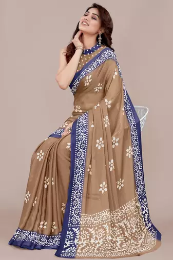 brown batik printed chiffon saree with unstitched blouse piece