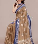 brown batik printed chiffon saree with unstitched blouse piece