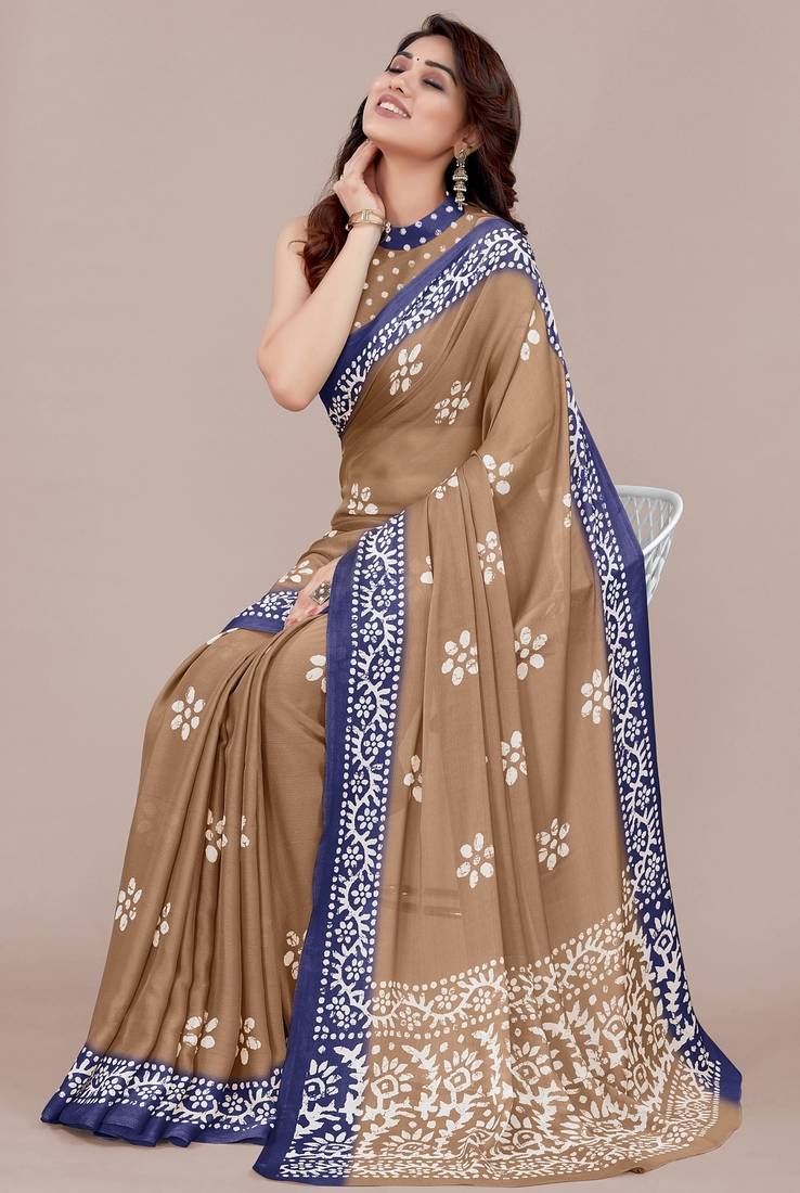 brown batik printed chiffon saree with unstitched blouse piece