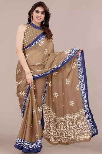 brown batik printed chiffon saree with unstitched blouse piece