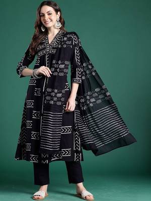Women Printed Thread Work Cotton Kurta with Trousers & With Dupatta 1