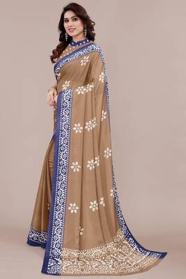 brown batik printed chiffon saree with unstitched blouse piece 3