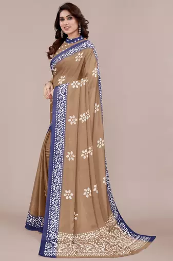 brown batik printed chiffon saree with unstitched blouse piece