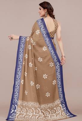 brown batik printed chiffon saree with unstitched blouse piece 4