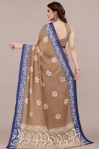 brown batik printed chiffon saree with unstitched blouse piece