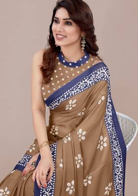 brown batik printed chiffon saree with unstitched blouse piece 5