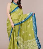 green batik printed chiffon saree with unstitched blouse piece