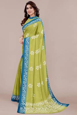 green batik printed chiffon saree with unstitched blouse piece 3