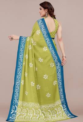 green batik printed chiffon saree with unstitched blouse piece 4