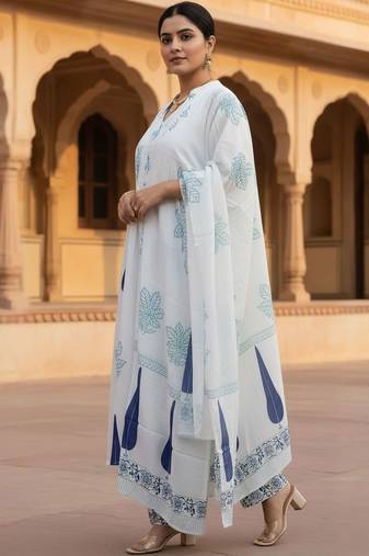Women Printed Thread Work Cotton Kurta with Trousers & Dupatta