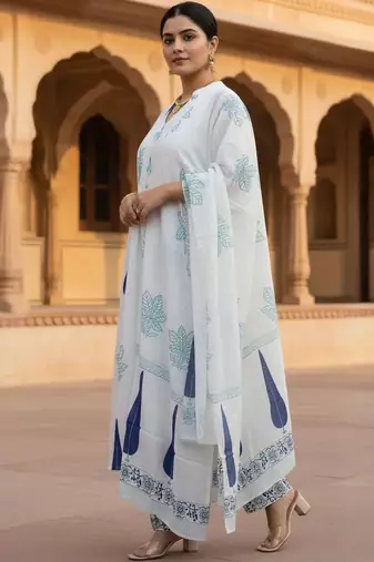 Women Printed Thread Work Cotton Kurta with Trousers & Dupatta