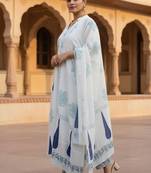 Women Printed Thread Work Cotton Kurta with Trousers & Dupatta