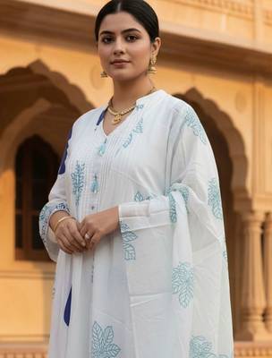 Women Printed Thread Work Cotton Kurta with Trousers & Dupatta 2