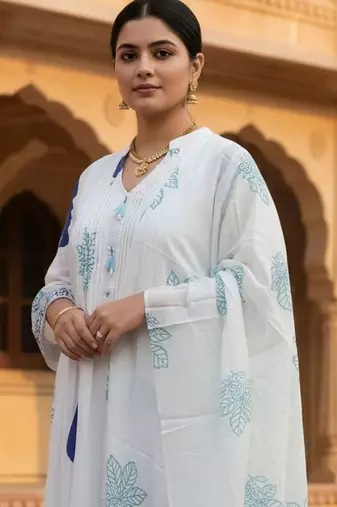 Women Printed Thread Work Cotton Kurta with Trousers & Dupatta
