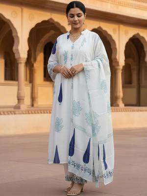 Women Printed Thread Work Cotton Kurta with Trousers & Dupatta 3