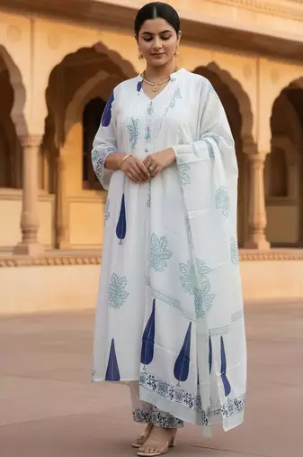 Women Printed Thread Work Cotton Kurta with Trousers & Dupatta