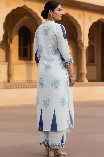 Women Printed Thread Work Cotton Kurta with Trousers & Dupatta