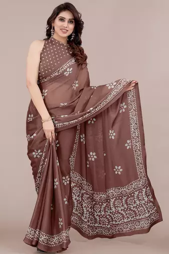 brown batik printed chiffon saree with unstitched blouse piece