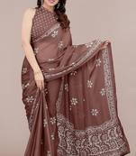 brown batik printed chiffon saree with unstitched blouse piece