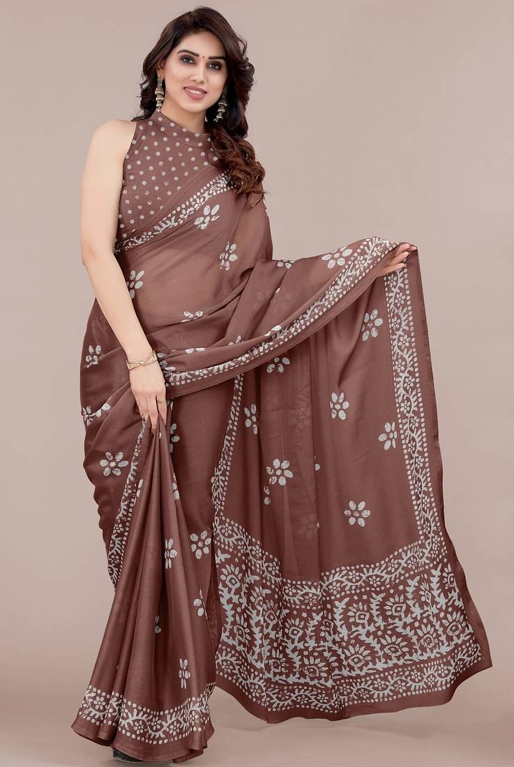 brown batik printed chiffon saree with unstitched blouse piece