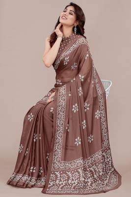 brown batik printed chiffon saree with unstitched blouse piece 2