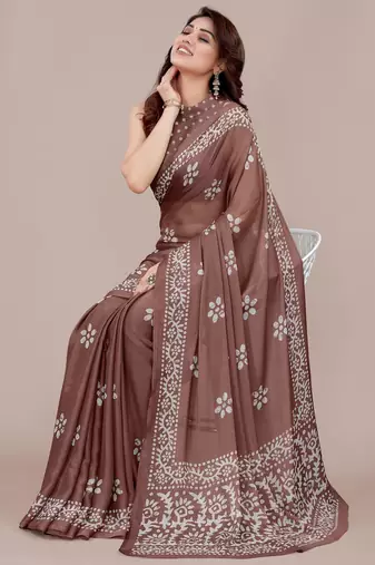 brown batik printed chiffon saree with unstitched blouse piece