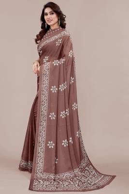 brown batik printed chiffon saree with unstitched blouse piece 3