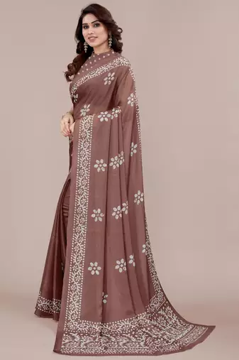 brown batik printed chiffon saree with unstitched blouse piece