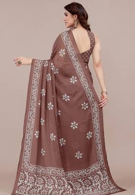 brown batik printed chiffon saree with unstitched blouse piece 4