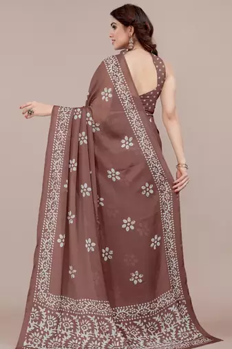 brown batik printed chiffon saree with unstitched blouse piece