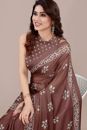 brown batik printed chiffon saree with unstitched blouse piece