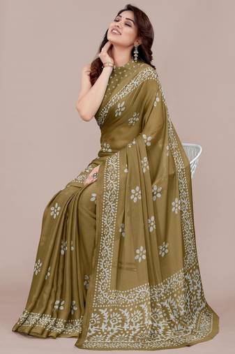 mustard batik printed chiffon saree with unstitched blouse piece