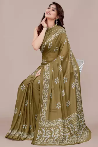 mustard batik printed chiffon saree with unstitched blouse piece
