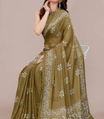 mustard batik printed chiffon saree with unstitched blouse piece